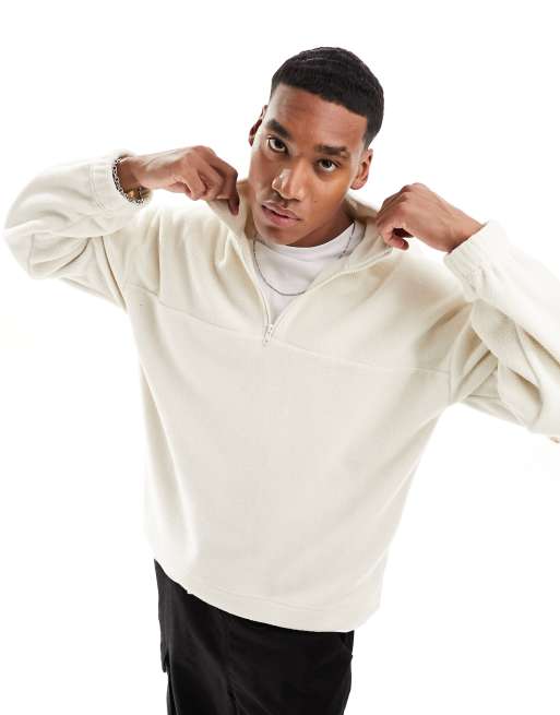 Jersey blanco hueso con cuello alzado y media cremallera de felpa de New Look