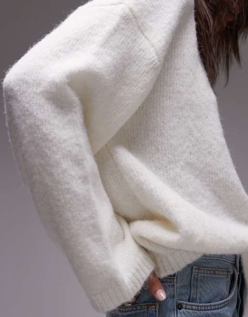 Jersey blanco marfil de corte cuadrado extragrande con cuello redondo de punto mullido de Topshop, 3 de 4