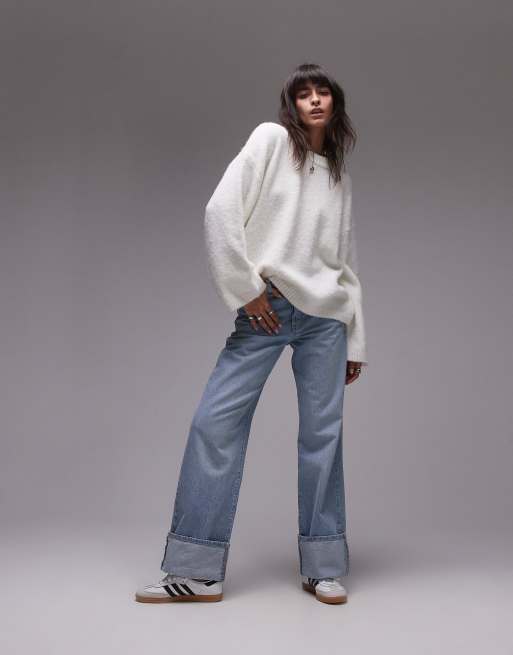 Jersey blanco marfil de corte cuadrado extragrande con cuello redondo de punto mullido de Topshop, 4 de 4