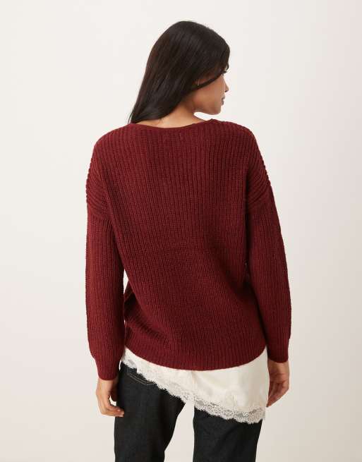 Jersey burdeos con cuello de pico de punto ligero de JDY, 3 de 4