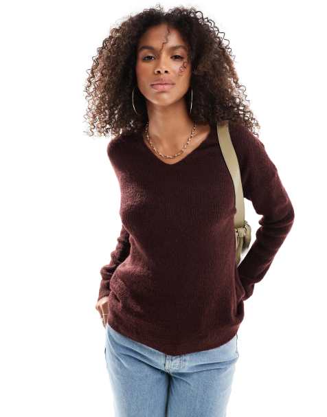 Jersey burdeos holgado con cuello de pico de ONLY - view 1