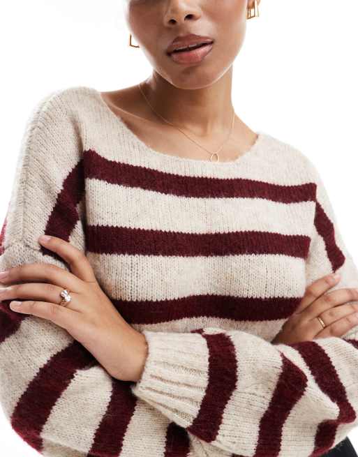 Jersey burdeos y crema a rayas con cuello ancho de ONLY, 3 de 4