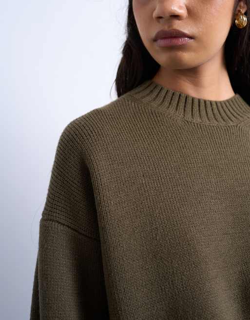 Jersey caqui con cuello redondo de punto grueso liso de Topshop, 3 de 4