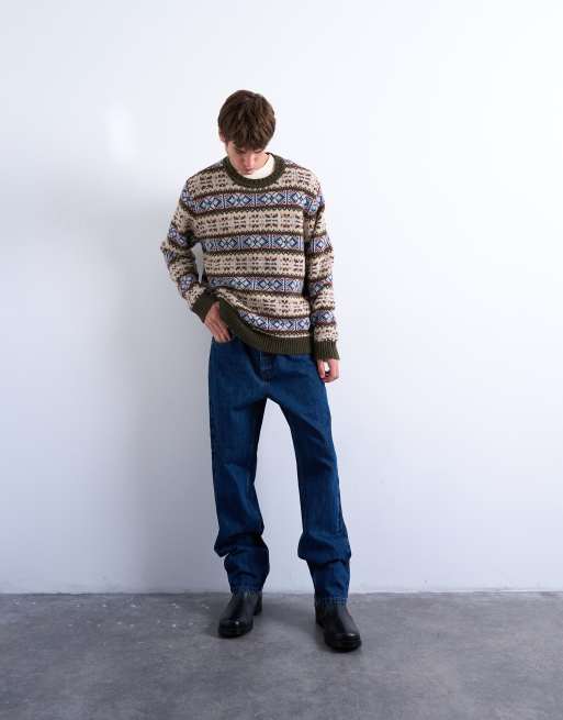 Jersey caqui con patrón de grecas alpinas y cuello redondo de punto de Topman, 2 de 5