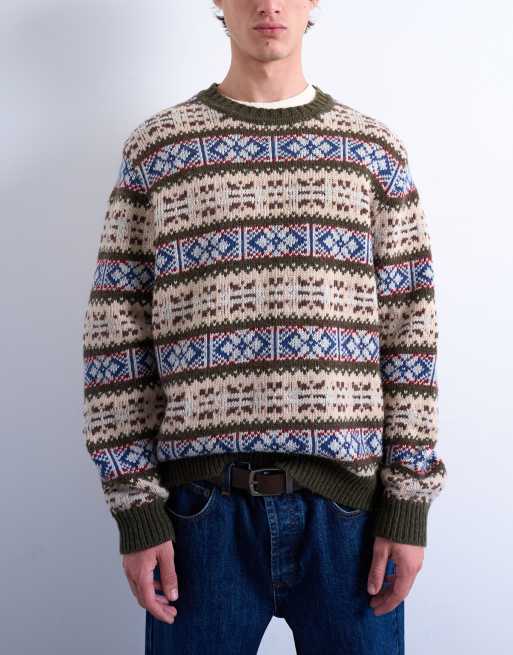 Jersey caqui con patrón de grecas alpinas y cuello redondo de punto de Topman, 3 de 5