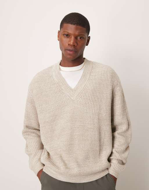 Jersey color avena extragrande con cuello de pico de punto inglés de hilo retorcido de ASOS DESIGN