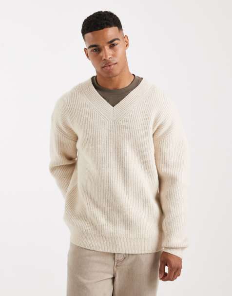 Jersey color avena jaspeado con cuello de pico de tejido suave de New Look - view 1