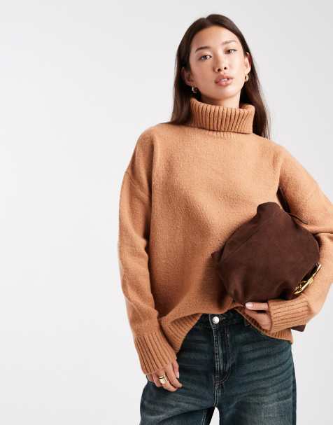 Jersey color camel extragrande con cuello vuelto y abertura en el bajo de Miss Selfridge - view 1