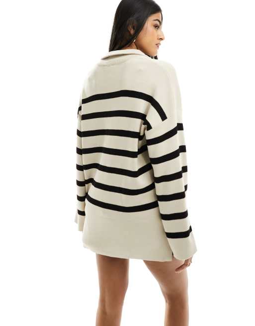 Jersey color crema a rayas monocromáticas con cremallera en el cuello de punto de Object, 4 de 4