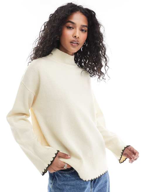 Jersey color crema con cuello alto y pespuntes de punto festón de ASOS DESIGN