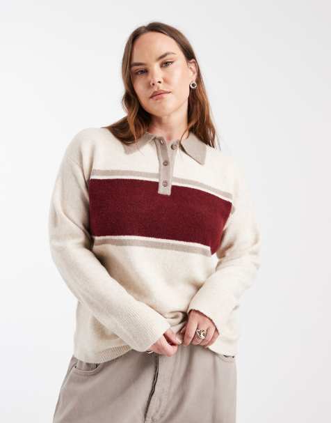 Jersey color crema con cuello estilo polo y diseño color block de New Look Curve - view 1