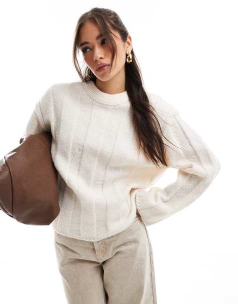 Jersey color crema con cuello redondo de canalé ancho de ASOS DESIGN - view 1