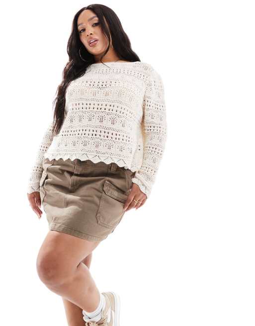 Jersey color crema con cuello redondo de punto calado variado de ASOS DESIGN Curve