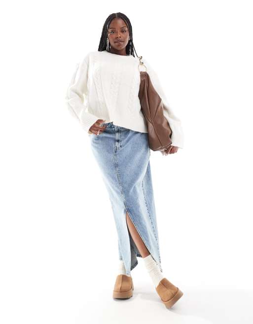 Jersey color crema con cuello redondo de punto de ochos de ASOS DESIGN Curve