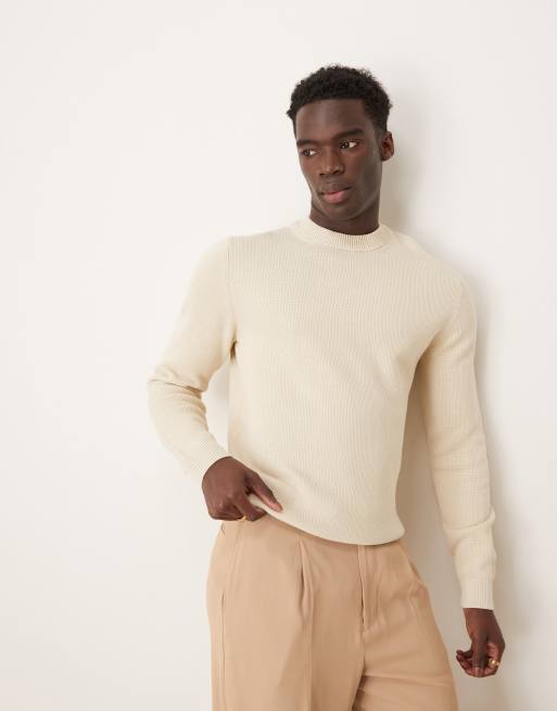 Jersey color crema con cuello redondo de punto de Selected Homme