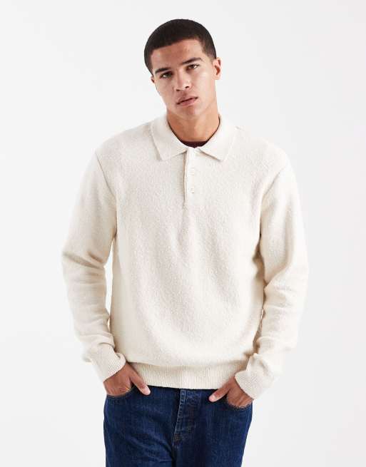 Jersey color crema con cuello tipo polo de bouclé de Jack & Jones