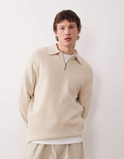 Jersey color crema con cuello tipo polo y cremallera corta de Selected