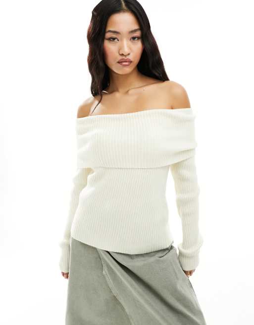 Jersey color crema con escote Bardot de Only 