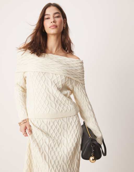 Jersey color crema con escote Bardot de punto de ochos de ASOS DESIGN (parte de un conjunto)