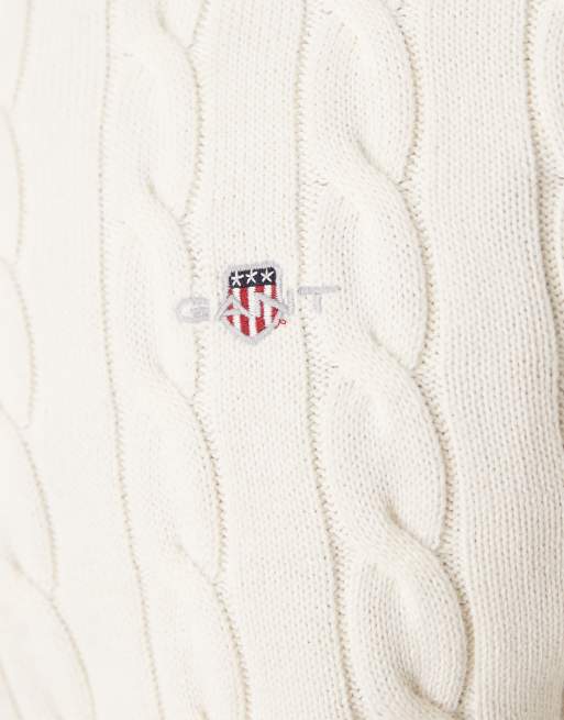 Jersey color crema con media cremallera y logo de punto de ochos de algodón de GANT, 3 de 4