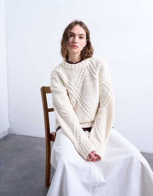 Jersey color crema con patrón de rombos de punto de Topshop