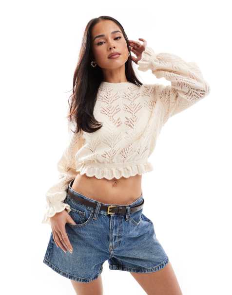 Jersey color crema con volantes en los bordes de punto de Miss Selfridge - view 1