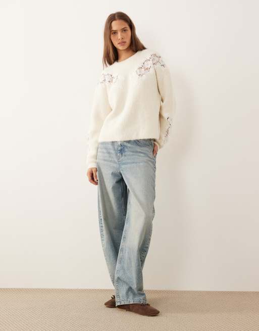 Jersey color crema de corte cuadrado con cuello redondo de inserto de encaje de ASOS DESIGN