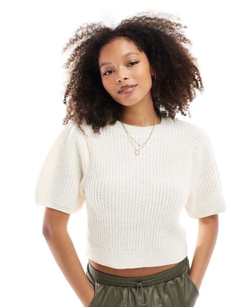Jersey color crema de manga corta con cuello redondo de punto de ASOS DESIGN - view 1