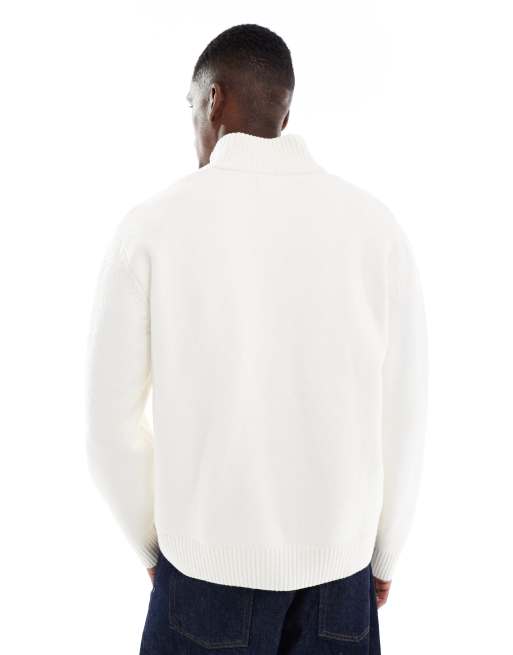 Jersey color crema extragrande con cremallera corta de punto grueso de Jack & Jones, 3 de 5