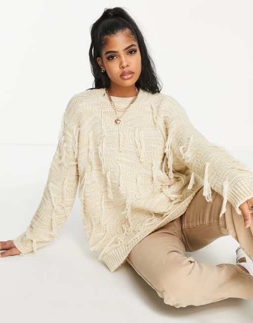 Jersey color crema extragrande con detalle de flecos de ASOS DESIGN 