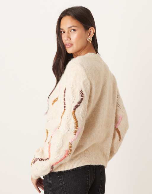 Jersey color crema extragrande con detalle de pespuntes en contraste premium de YAS, 3 de 4