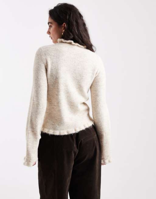 Jersey color crema jaspeado con volante en el cuello de punto de Pieces, 2 de 4