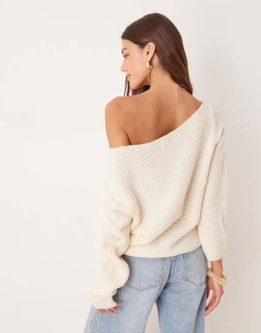 Jersey color crema suelto con escote Bardot de punto de ASOS DESIGN, 4 de 4
