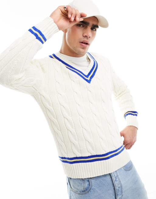 Jersey color crema y azul marino de estilo críquet de punto de ochos de algodón de Polo Ralph Lauren
