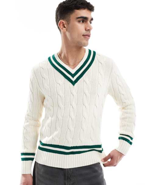 Jersey color crema y verde oscuro de estilo críquet con cuello de pico de punto de ochos de algodón de Polo Ralph Lauren - view 1