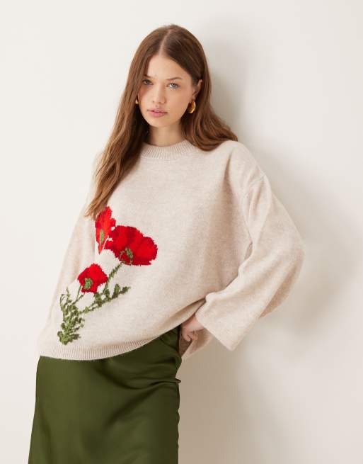 Jersey color curdo de corte cuadrado con patrón floral de punto mullido de ASOS DESIGN