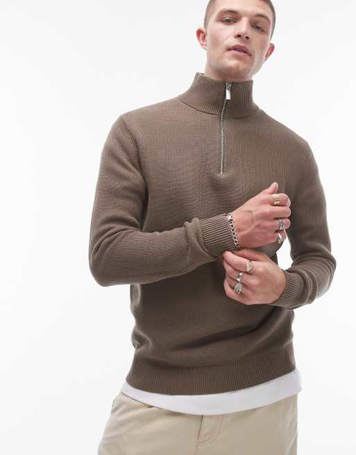 Jersey color tostado con media cremallera de punto de Selected Homme
