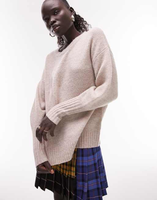 Jersey color visón con cuello redondo de punto de Topshop Petite