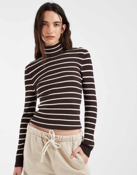 Jersey con cuello vuelto solo a rayas marrones - view 1