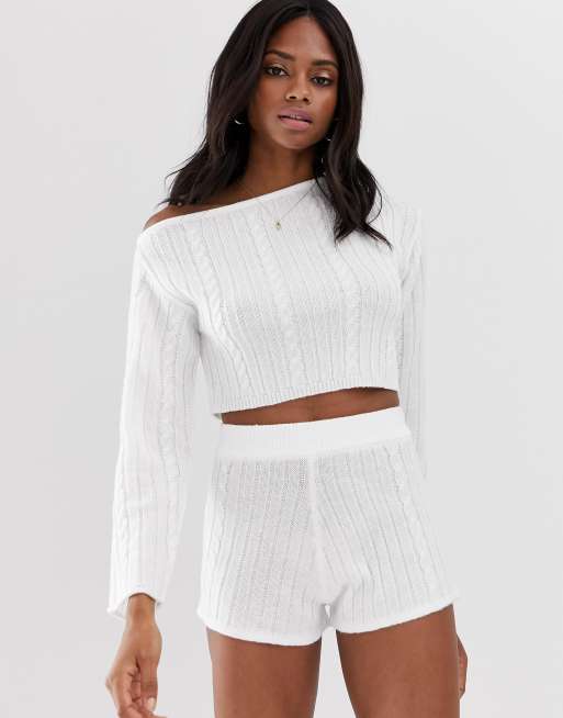 Jersey confort de punto de ochos con escote Bardot y minishorts de ASOS DESIGN, 2 de 3