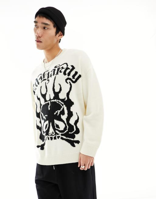 Jersey con estampado de calavera y logo con tipografía gótica en contraste de punto jacquard de Ed Hardy