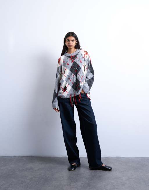 Jersey con patrón de rombos y diseño rasgado de punto de Topshop, 2 de 4