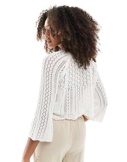 Jersey corto blanco con mangas anchas de croché de ONLY, 3 de 4