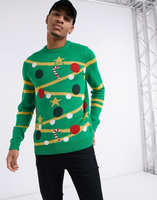 Jersey de Navidad verde con estampado de árbol de Only & Sons