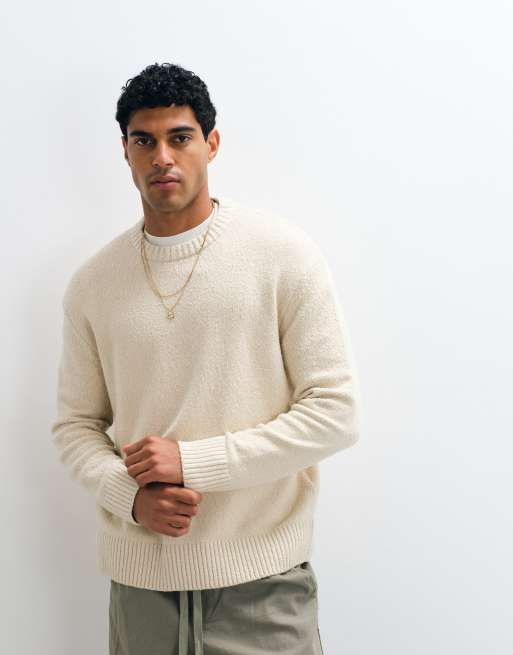 Jersey de punto texturizado con cuello redondo en crema, 2 de 5