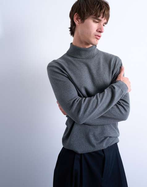 Jersey gris carbón básico con cuello vuelto de punto de Topman - view 1