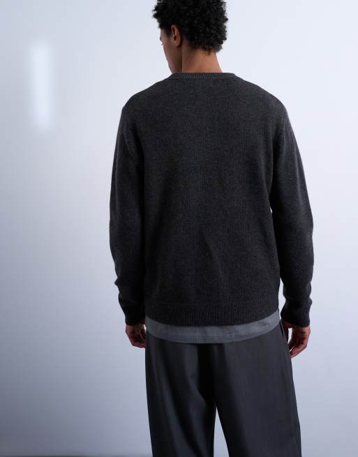 Jersey gris carbón de corte estándar con cuello de pico de punto de mezcla de lana de Topman, 2 de 5