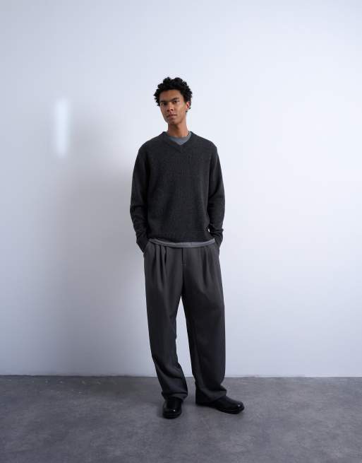 Jersey gris carbón de corte estándar con cuello de pico de punto de mezcla de lana de Topman, 4 de 5