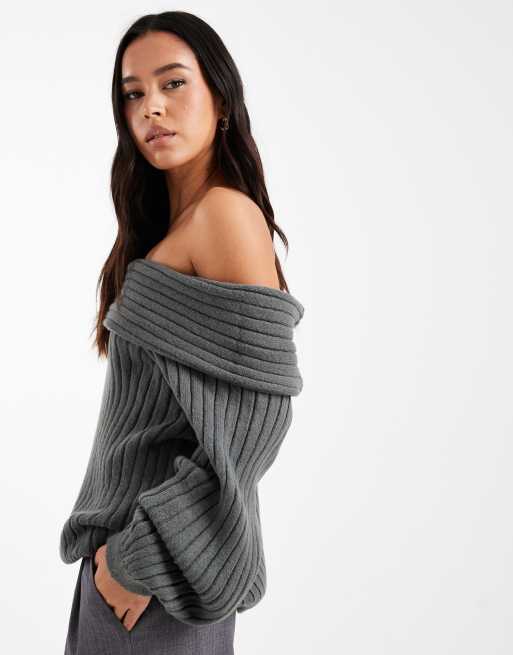 Jersey gris carbón extragrande con escote Bardot y mangas globo de punto acanalado de ASOS DESIGN, 3 de 4