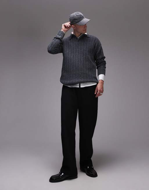 Jersey gris carbón holgado con cuello tipo polo de canalé de Topman